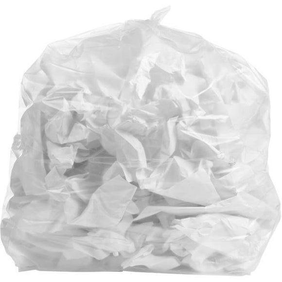 65 Gallon Garbage Bags: Clear, 2.7 Mil, 50X48, 50 Bags.