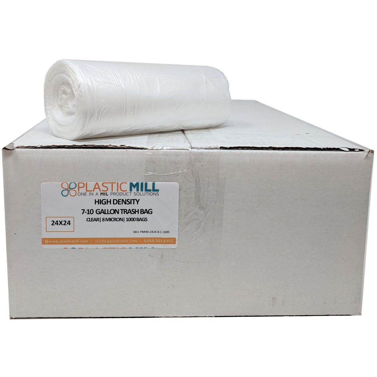 PlasticMill 7-10 Gallon Garbage Bags, High Density: Clear, 8 Micron, 24x24, 1000