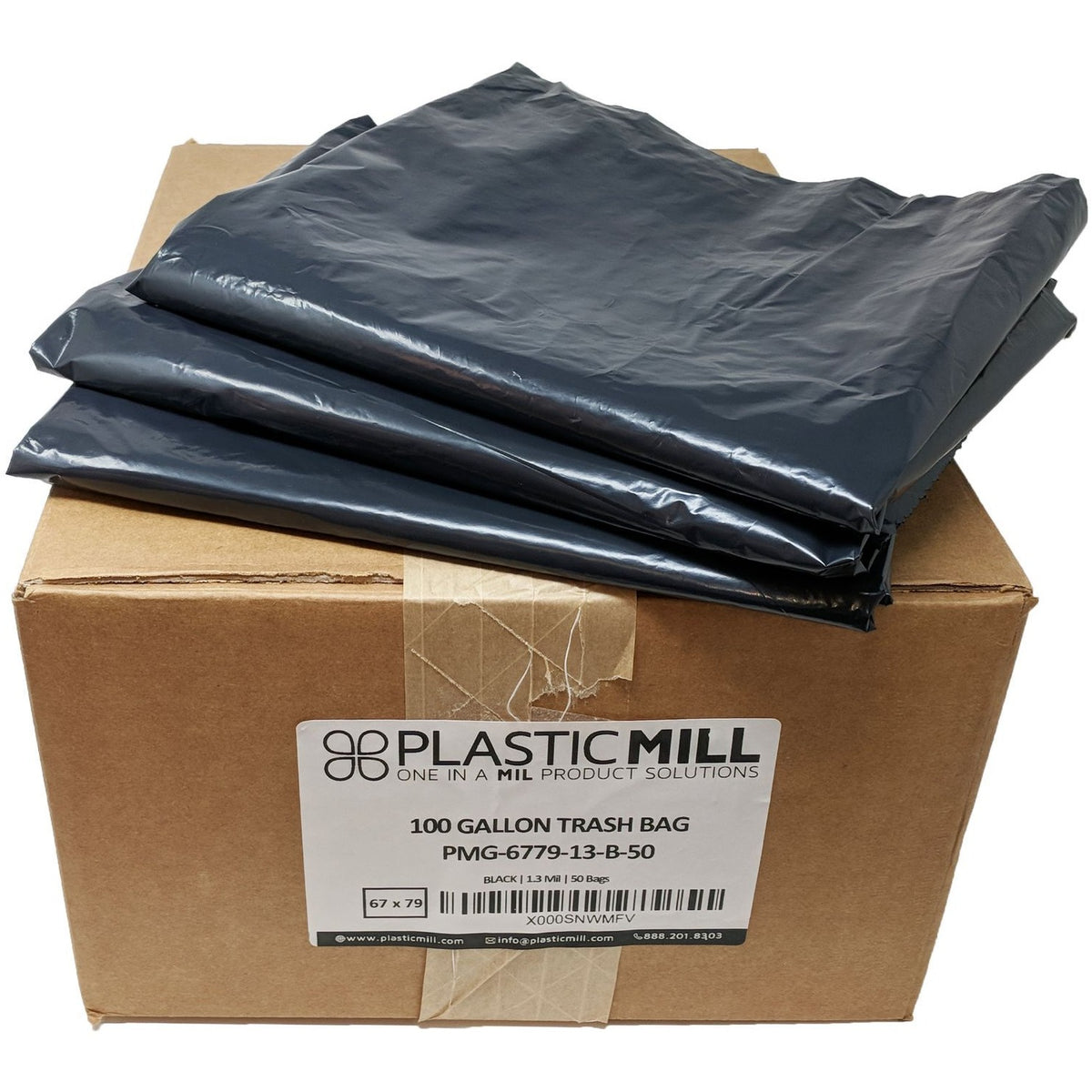 PlasticMill 64 Gallon Garbage Bags: Black, 1.2 mil, 50x60, 50 Bags.