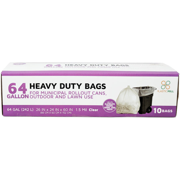 64 Gallon Garbage Bags: Clear, 1.5 Mil, 50x60, 10 Bags/Case.