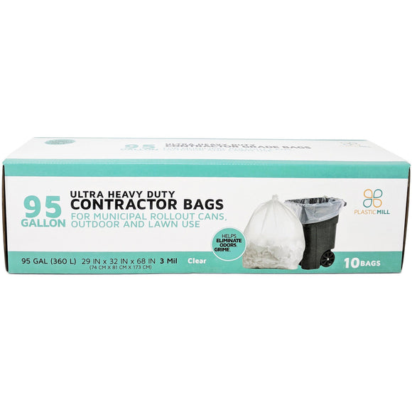 95 Gallon Contractor Bags: Clear, 3 Mil, 61x68, 10 Bags/Case.