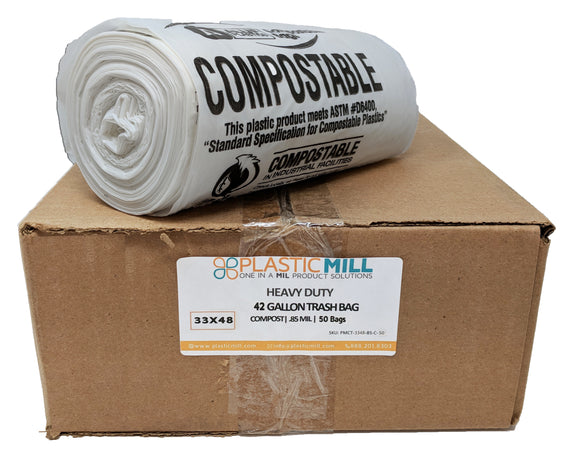 42 Gallon Garbage Bags, Compostable: Clear, 0.85 MIL, 33x48, 50 Bags.