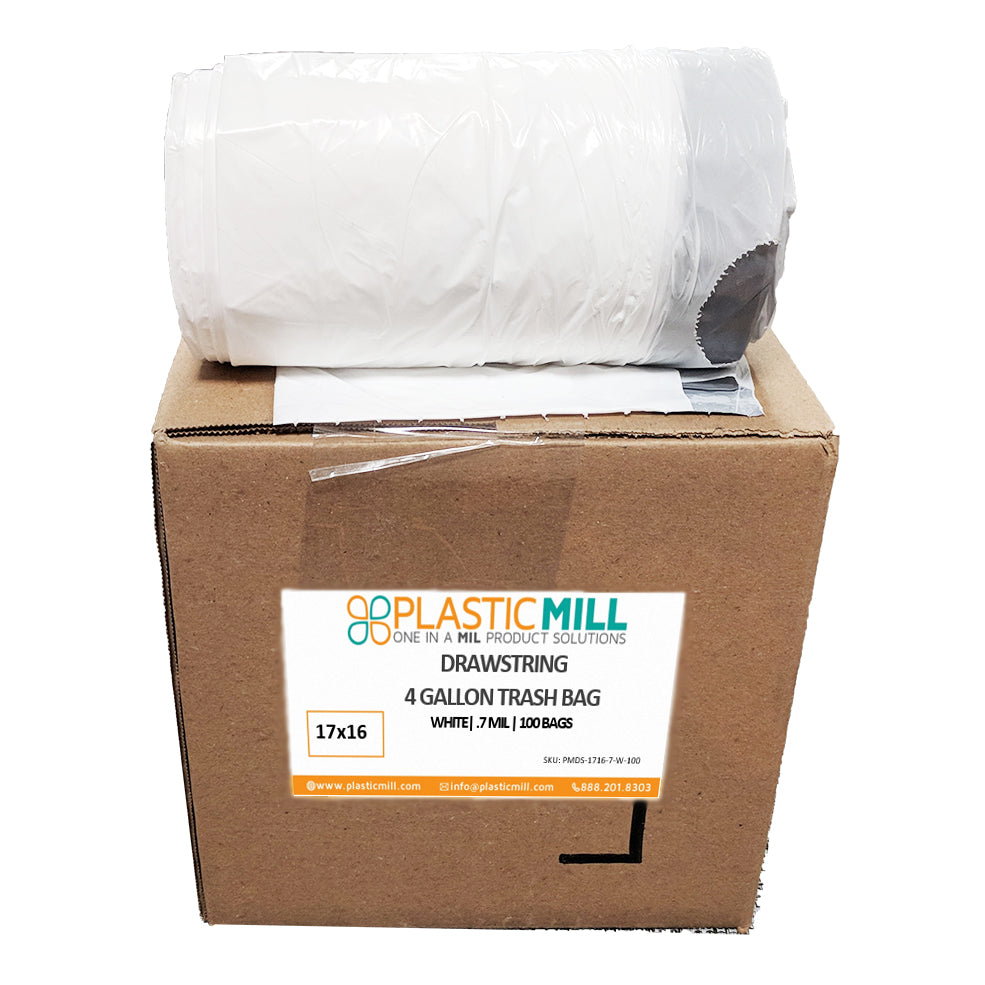 4 Gallon Drawstring Trash Bags  4 Gallon White Trash Bags – PlasticMill