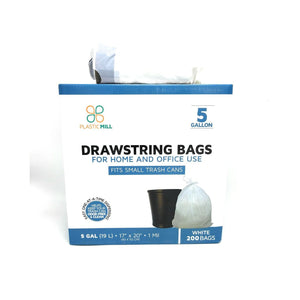 5 Gallon Garbage Bags, Drawstring: White, 1 MIL, 17x20, 200 Bags.