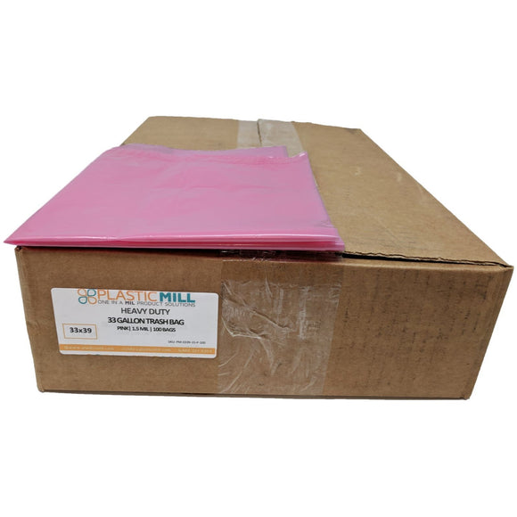 PlasticMill 33 Gallon Garbage Bags: Pink 1.5 Mil 33x39 100 Bags.