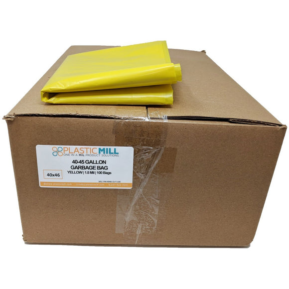 PlasticMill 40-45 Gallon Garbage Bags: Yellow, 1.5 mil, 40x46, 100 Bags.