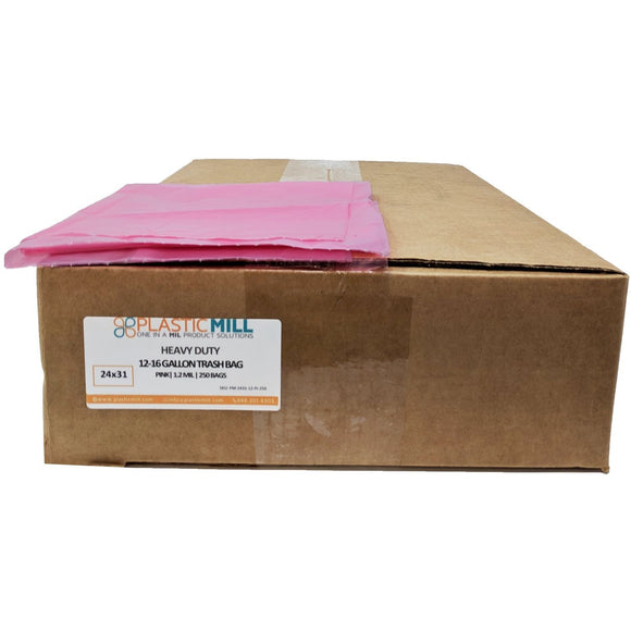 12-16 Gallon Garbage Bags: Pink, 1 MIL, 24x31, 250 Bags.