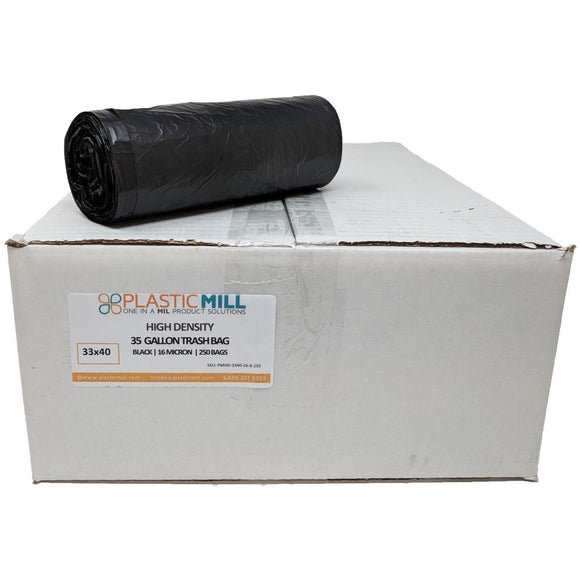 35 Gallon Garbage Bags, High Density: Black, 16 Micron, 33x40, 250 Bags.