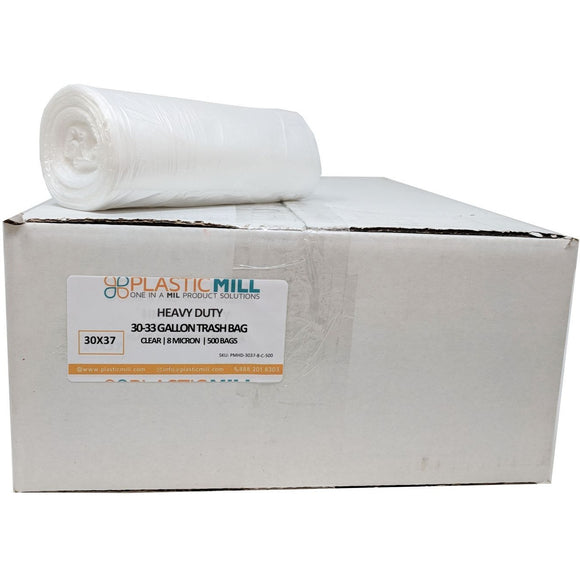 PlasticMill 20-30 Gallon Garbage Bags, High Density: Clear, 8 Micron, 30x37, 500 Bags.