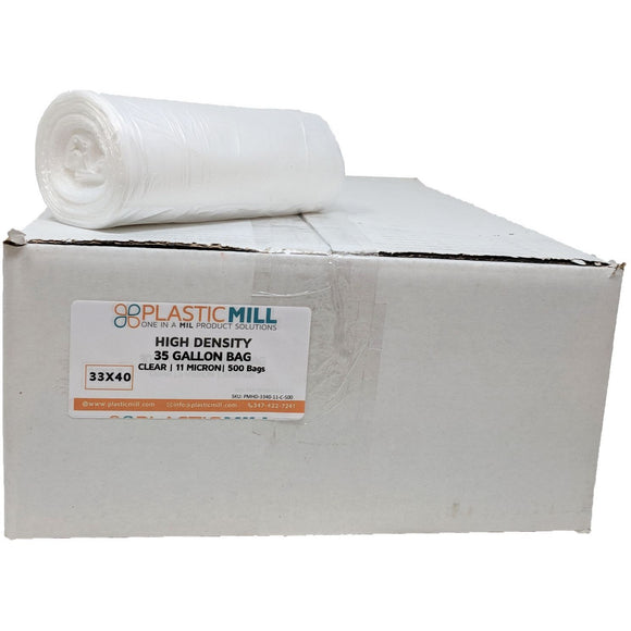 35 Gallon Garbage Bags, High Density: Clear, 11 Micron, 33x40, 500 Bags.