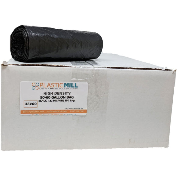 50-60 Gallon Garbage Bags, High Density: Black, 22 Micron, 38x60, 150 Bags.