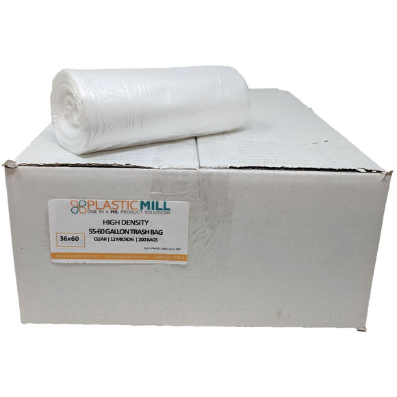 50-60 Gallon Garbage Bags, High Density: Clear, 12 Micron, 36x60, 200 Bags.