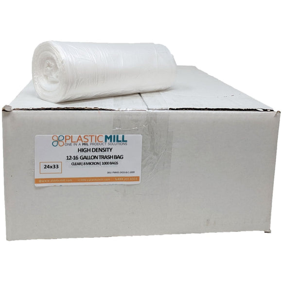 12-16 Gallon Garbage Bags, High Density: Clear, 8 Micron, 24x33, 1000 Bags.