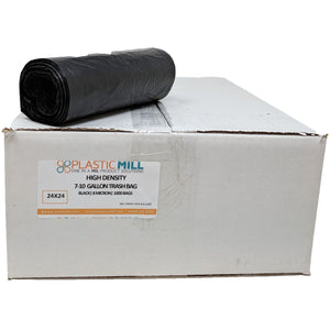 7-10 Gallon Garbage Bags, High Density: Black, 8 Micron, 24x24, 1000 Bags.