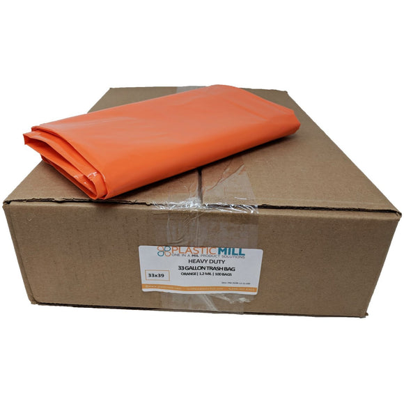 33 Gallon Garbage Bags: Orange, 1.2 MIL, 33x39, 100 Bags.