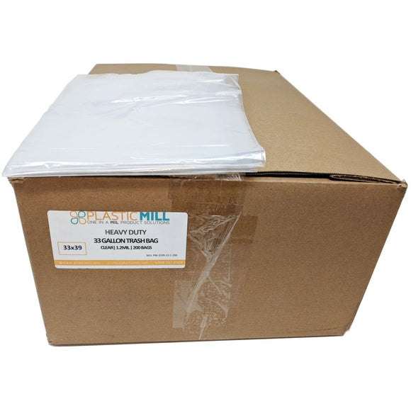 PlasticMill 33 Gallon Clear 1.2 Mil 33x39 200 Bags/Case Garbage Bags / Trash Can Liners.
