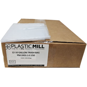 12-16 Gallon Garbage Bags: Clear, 1 Mil, 24x31, 250 Bags.