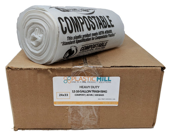 12-16 Gallon Garbage Bags, Compostable: Clear, 0.85 MIL, 24x33, 100 Bags.