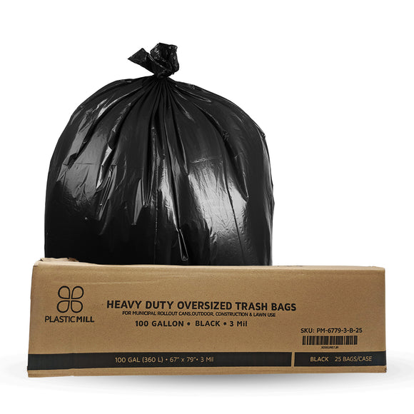 100 Gallon 3 Mil Black Garbage Bags - 67 x 79
