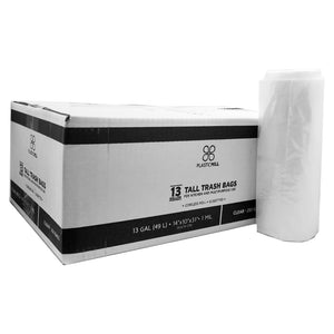 12-16 Gallon Coreless Roll Garbage Bags: Clear, 1 Mil, 24x31, 250 Bags, 100% Virgin Material