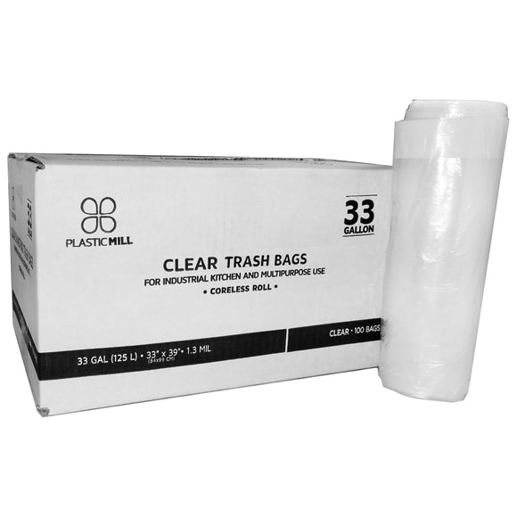 33 Gallon Garbage Bags: Clear, 33x39, 1.3 Mil, 100 Bags.