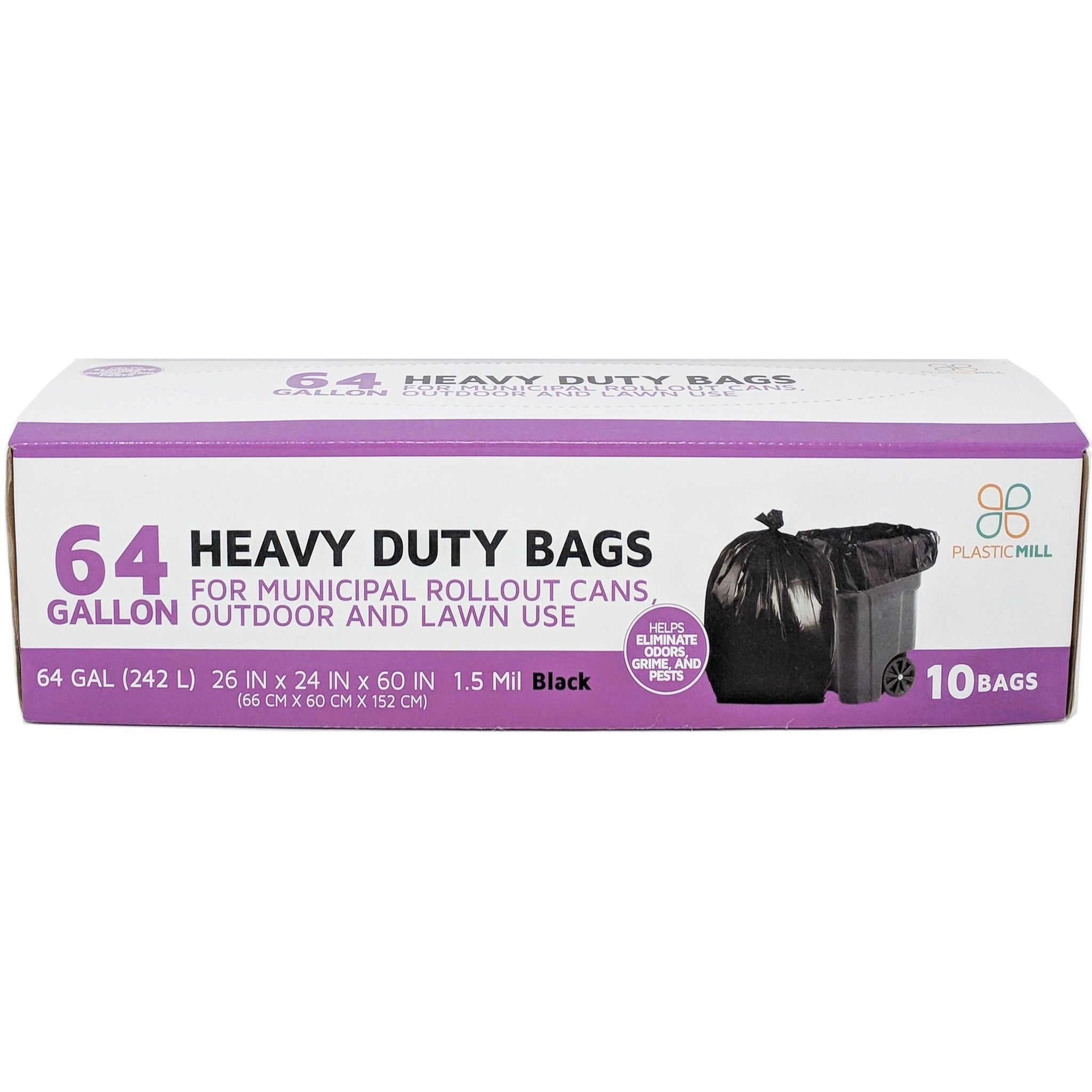 PlasticMill 64 Gallon Garbage Bags: Black, 1.2 mil, 50x60, 50 Bags.