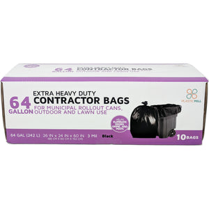 64 Gallon Contractor Bags: Black, 3 Mil, 50x60, 10 Bags/Case.