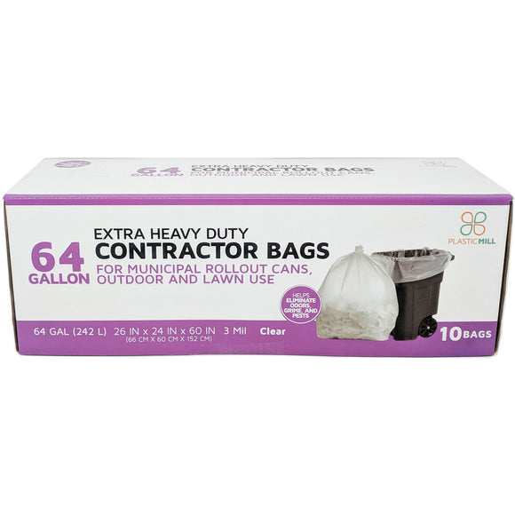 64 Gallon Contractor Bags: Clear, 3 Mil, 50x60, 10 Bags/Case.