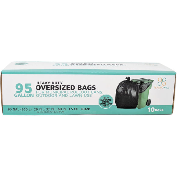 PlasticMill 95 Gallon Garbage Bags: Black, 1.5 mil, 61x68, 10 Bags.