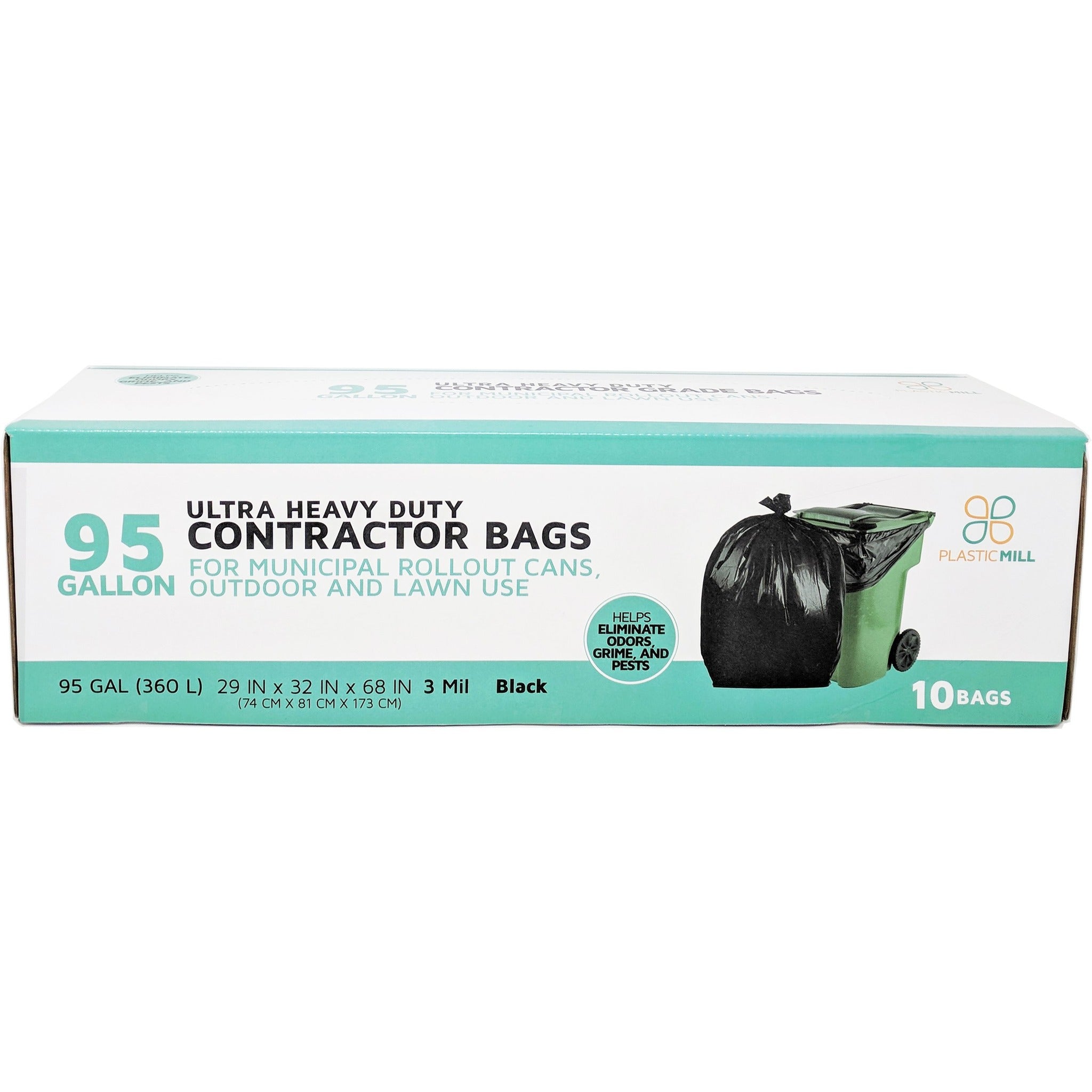 PlasticMill 95 Gallon Contractor Bags: Black, 3 mil, 61x68, 10 Bags.