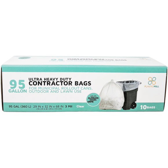 PlasticMill 95 Gallon Contractor Bags: Black, 3 mil, 61x68, 10 Bags.