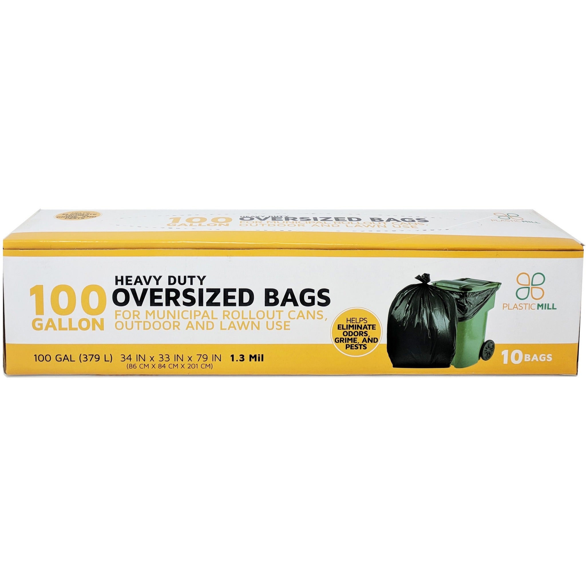 PlasticMill 95 Gallon Garbage Bags: Black, 1.5 mil, 61x68, 10 Bags.