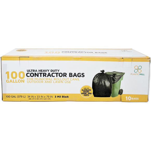 100 Gallon Contractor Bags: Black, 3 Mil, 67x79, 10 Bags/Case.