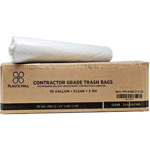 95 Gallon Contractor Bags: Clear, 3 Mil, 61x68, 25 Bags/Case.