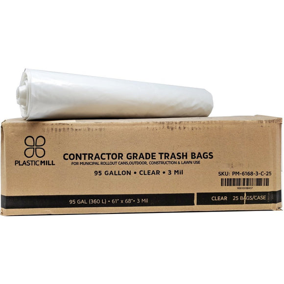 95 Gallon Contractor Bags: Clear, 3 Mil, 61x68, 25 Bags/Case.