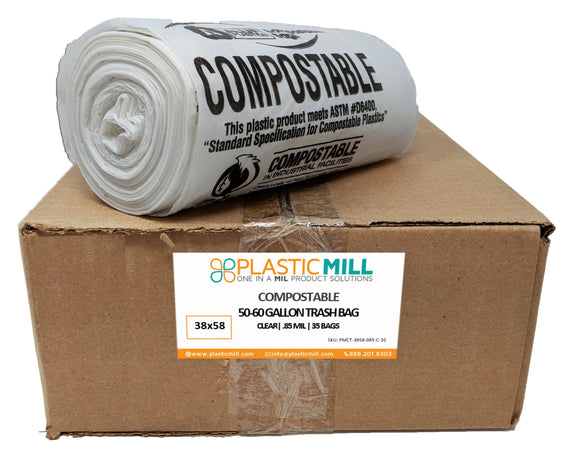 50-60 Gallon Garbage Bags, Compostable: Clear, 0.85 MIL, 38x58, 35 Bags.