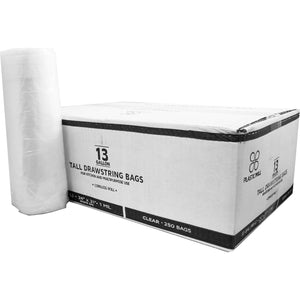 13 Gallon Garbage Bags, Drawstring :Clear, 1 MIL, 24x31, 250 Bags.