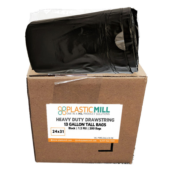 PlasticMill 12-16 Gallon, Black, 1 mil, 24x31, 250 Bags/Case, Garbage Bags / Trash Can