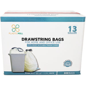 13 Gallon Garbage Bags, Drawstring: White, 1.2 MIL, 24x31, 200 Bags.