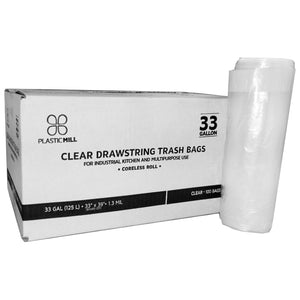 33 Gallon Garbage Bags, Drawstring: Clear, 1.3 Mil, 33x39, 100 Bags.